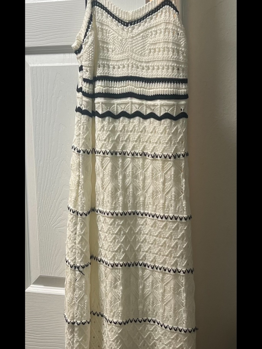 Cream Knit Spaghetti Strap Midi Dress with Navy Trim